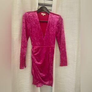 Hot pink plush plunge neck mini cocktail dress.